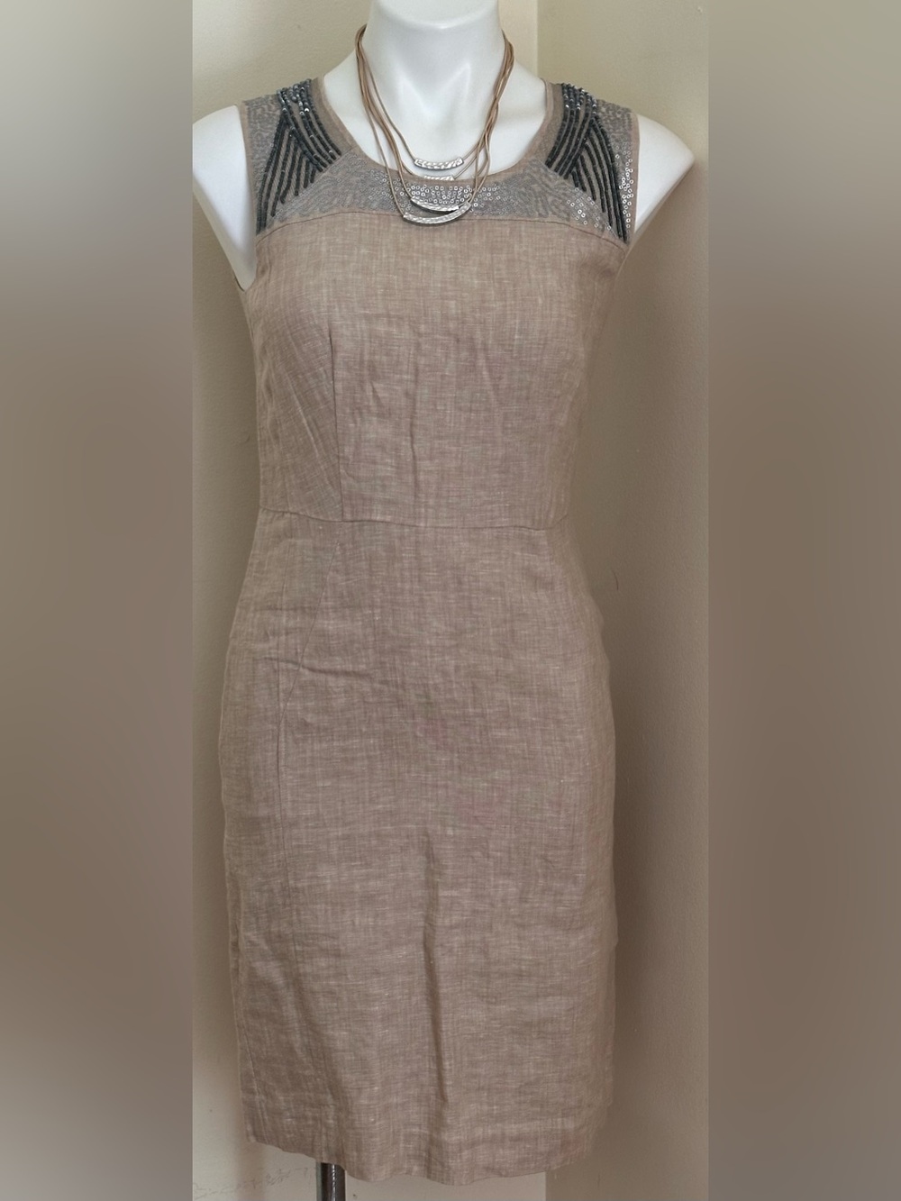 LOFT Tan Beige Silver Gray Beaded Neck 100% Linen & Cotton Sz 0